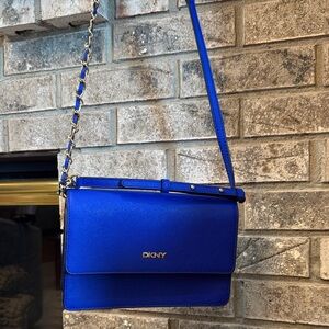 DKNY Electric Blue Saffiano Crossbody Bag with Gold Chain